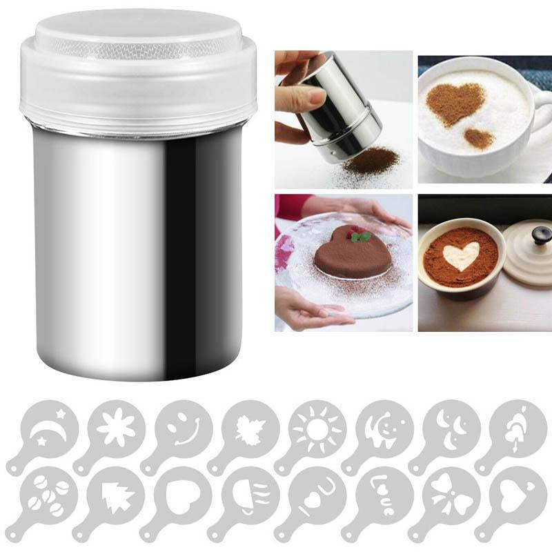 16 coffee stencils with a stainless steel cocoa powder dispenser