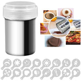 16 coffee stencils with a stainless steel cocoa powder dispenser