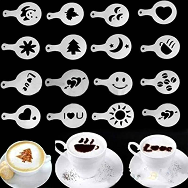 16 coffee stencils with a stainless steel cocoa powder dispenser