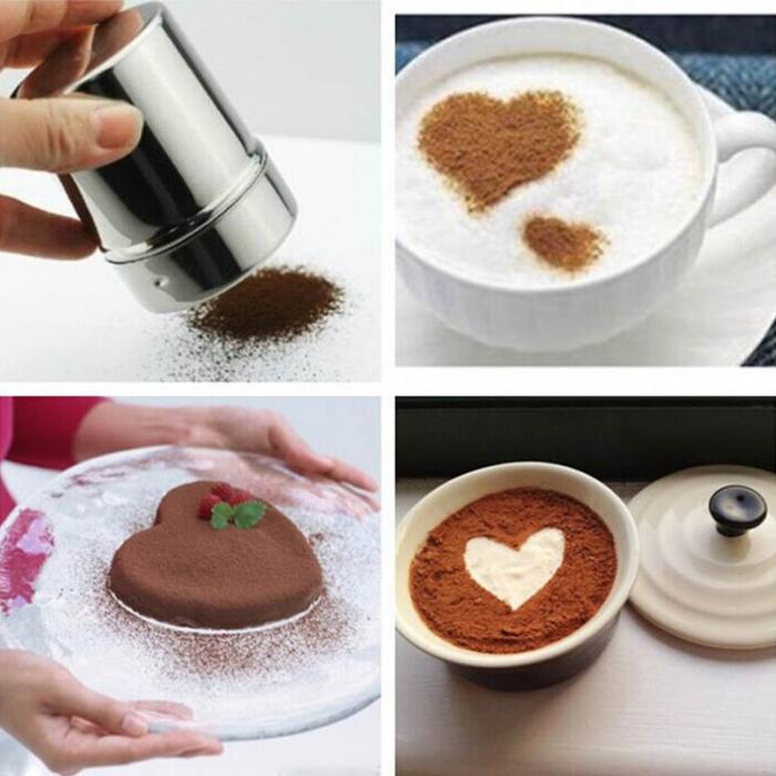 16 coffee stencils with a stainless steel cocoa powder dispenser